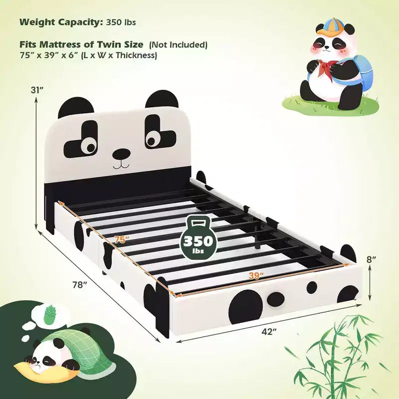 Struttura letto imbottita Black & White Panda per bambini, singola, per 1 bambino