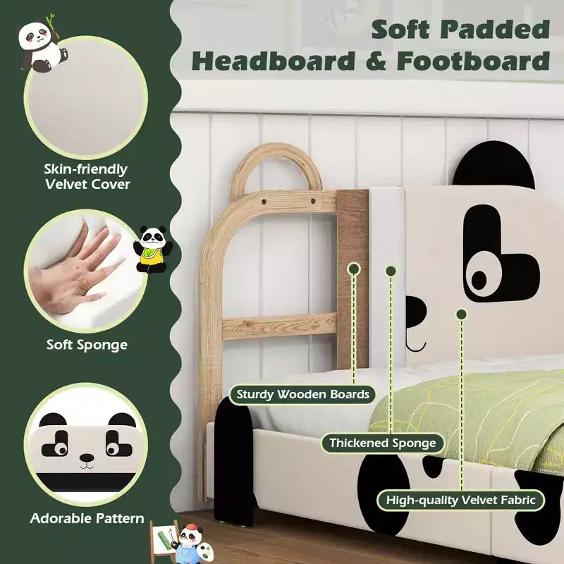 Struttura letto imbottita Black & White Panda per bambini, singola, per 1 bambino