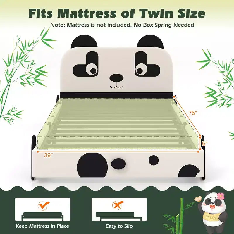 Struttura letto imbottita Black & White Panda per bambini, singola, per 1 bambino